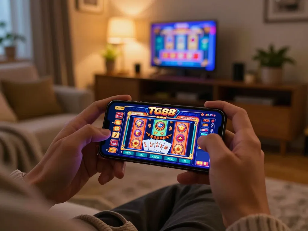 TG88 casino app displayed on smartphone during cozy home gaming session