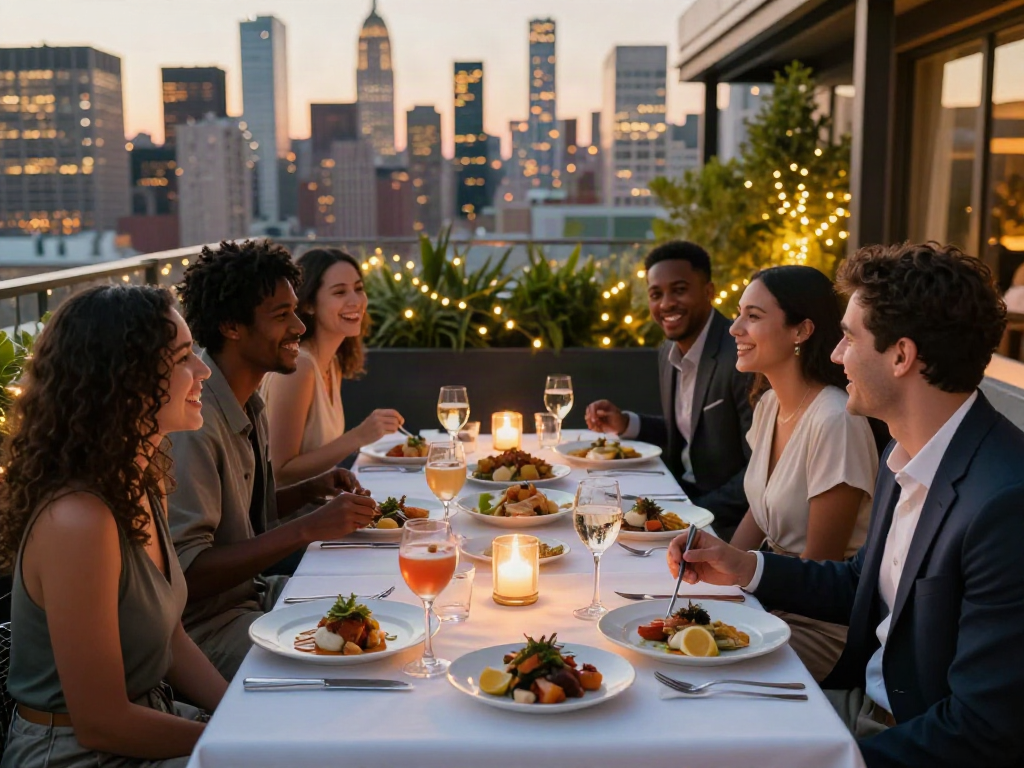 Friends dining at NoHu Restaurant with skyline views, showcasing delicious dishes and a vibrant atmosphere.