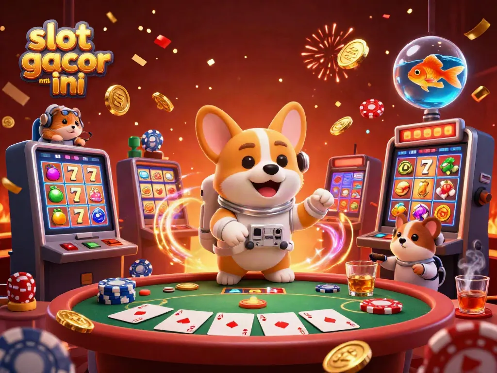 Engaging slot gacor malma ini scene with a 3D cartoon astronaut corgi and lively casino elements.