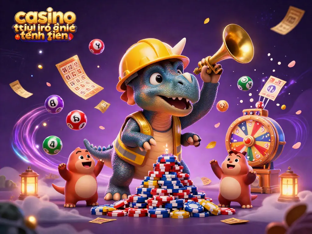 Khám phá casino trực tuyến tặng tiền với hình ảnh vui nhộn của khủng long và nhiều yếu tố trò chơi.
