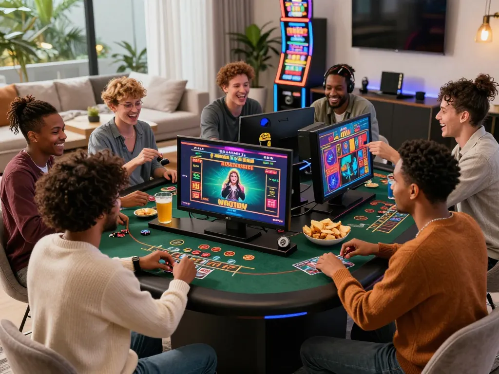 Engaged friends enjoying the excitement of online gaming at https://rr88c.mobi/, showcasing a dynamic digital casino experience.