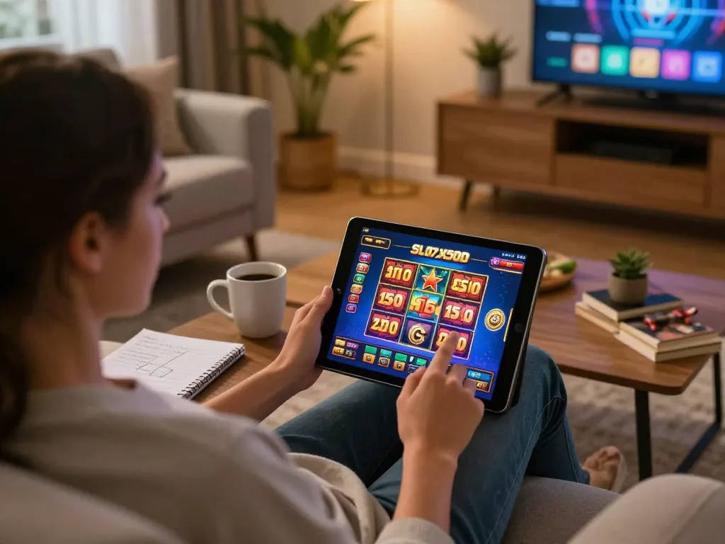 Engaging in Slot x500 gameplay on a tablet, showcasing strategic betting in a cozy home setting.