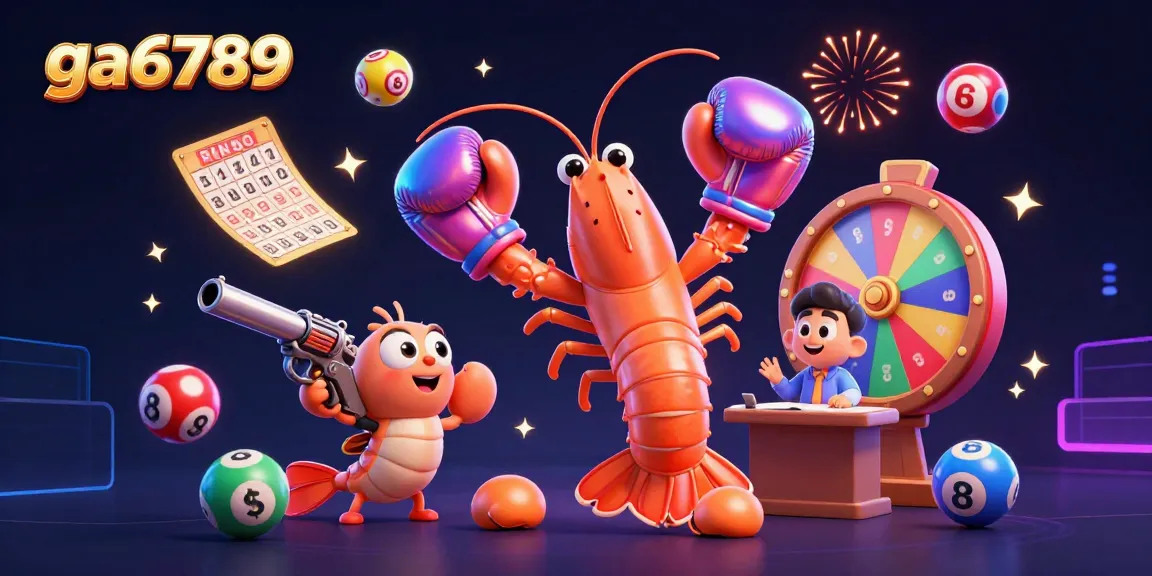 Engage in thrilling gameplay with ga6789 as vibrant lottery elements surround cartoon shrimp characters.