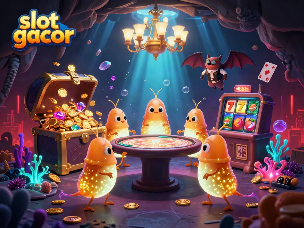 Engaging slot gacor scene with glowworms illuminating a casino, lucky sevens, and vibrant elements.