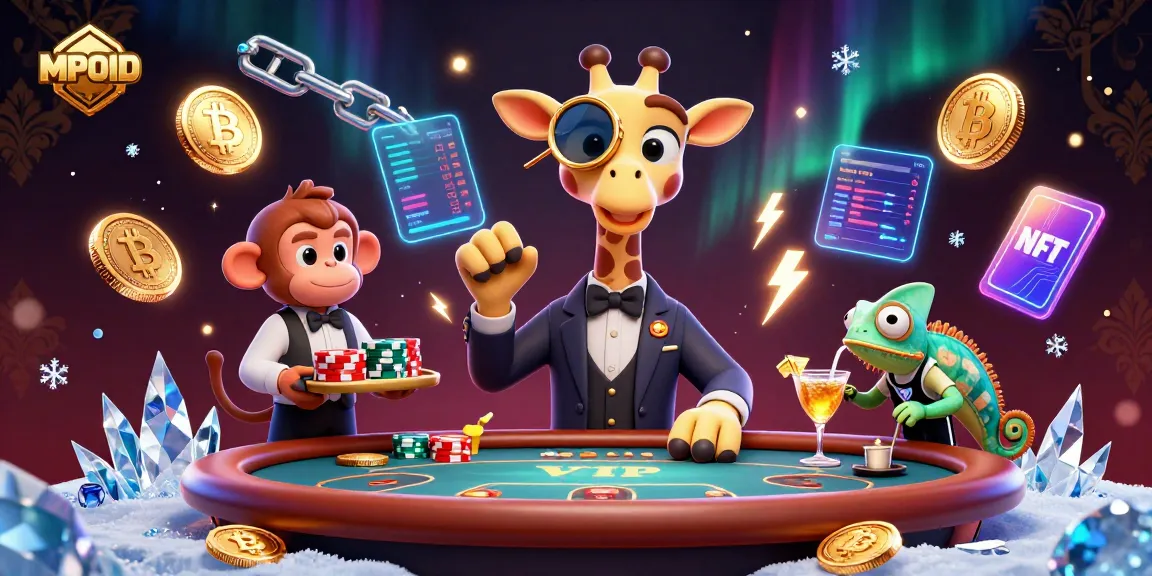 MPOID enhances gaming with a high-roller giraffe at a VIP poker table in a vibrant 3D casino scene.