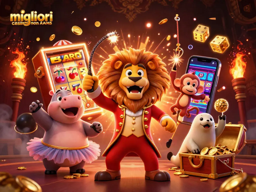 Scopri i migliori casino non AAMS con un'illustrazione vivace che presenta personaggi animati e giochi.