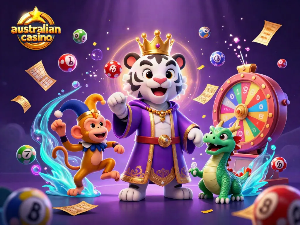 Engage with the vibrant colorful scene featuring a white tiger, golden monkey, and jade dragon, celebrating australianonlinecasino.