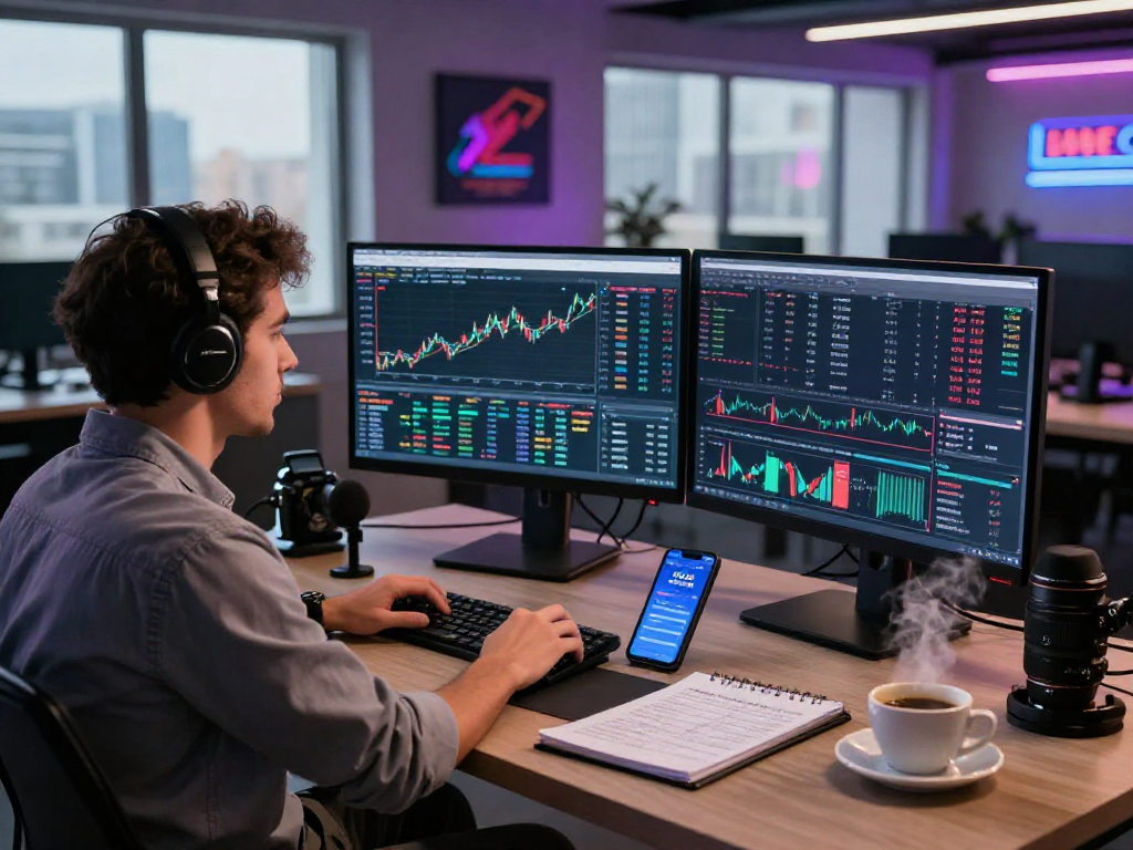 Trader analizando datos de mercado en su estación de trabajo con Immediate Edge, rodeado de tecnología avanzada y gráficos en pantallas.