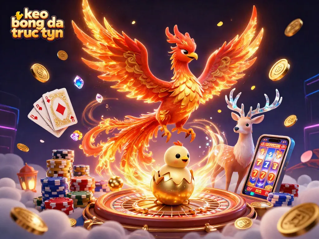 Kèo bóng đá trực tuyến đang bùng nổ với hình ảnh phượng hoàng lửa và hàng loạt tiền vàng bay lơ lửng.