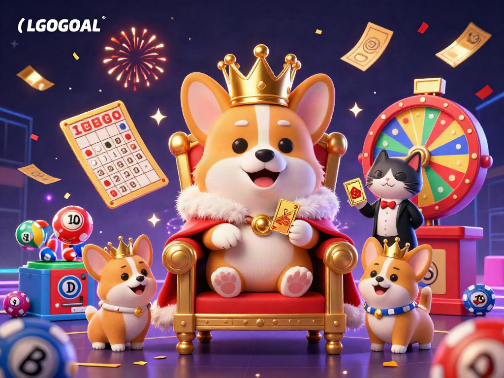 Experience LGOGOAL's vibrant casino scene with a royal corgi, colorful lottery elements, and festive energy.
