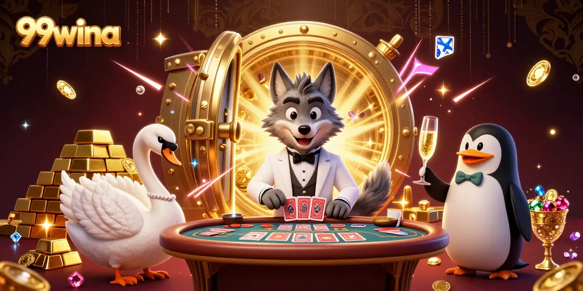 Experience the excitement of gambling with 99wina's vibrant baccarat scene featuring animated characters and treasures.