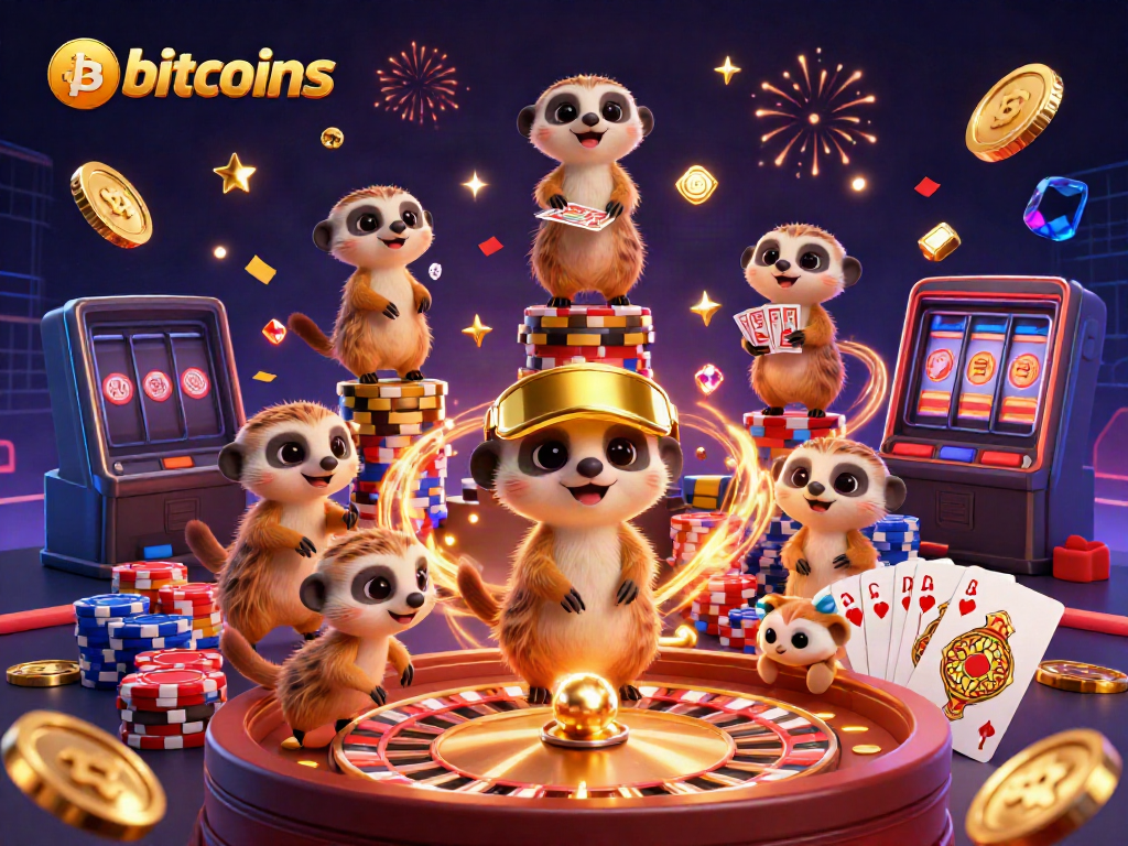 Engaging scene of meerkats managing an elaborate bitcoin casinos operation filled with vibrant elements.