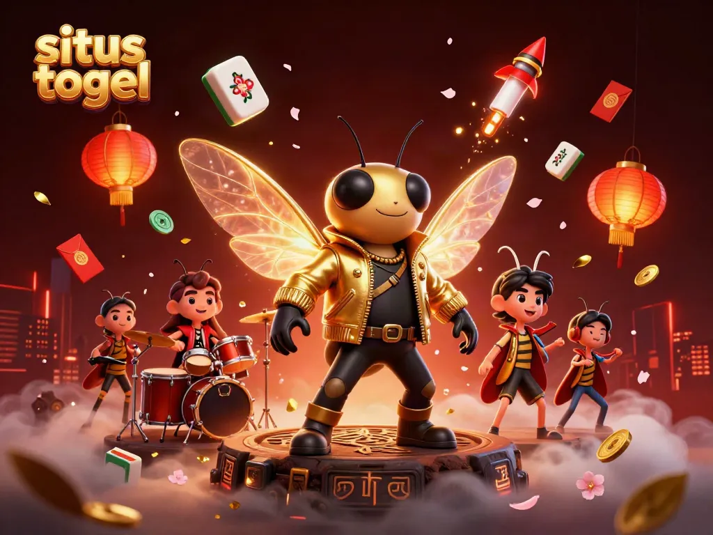 Experience азартные игры at situs togel with a vibrant scene of a cicada rock star and festive elements.