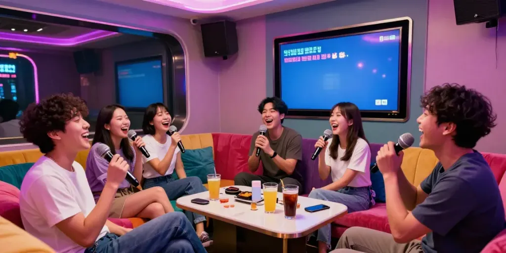 강남달토 프리미엄 가라오케에서 친구들과 함께 즐거운 시간을 보내는 장면