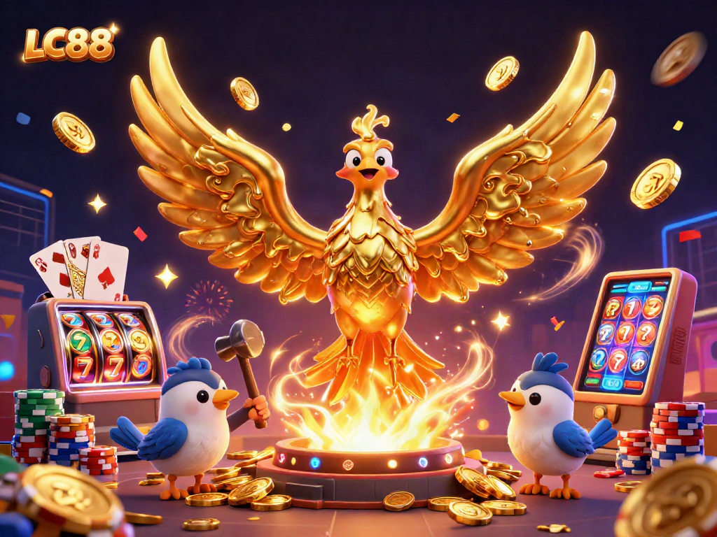 LC88 delivers excitement with a molten phoenix amidst golden coins and vibrant slot machines.