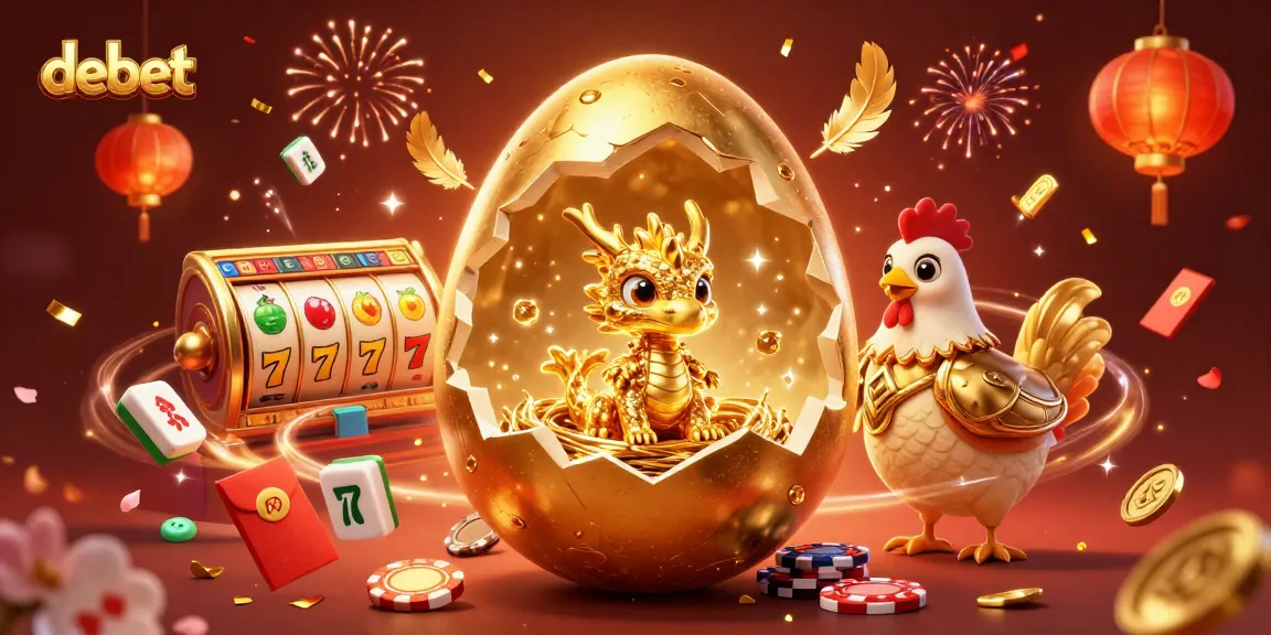 Experience winning thrills with debet as a golden dragon guards a poker chip nest in a casino celebration