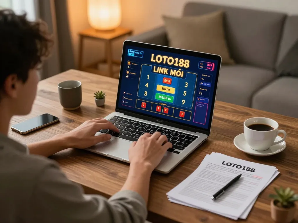 Engaging with LOTO188 LINK MỚI on a laptop, showcasing a dynamic online gaming atmosphere with strategic notes.