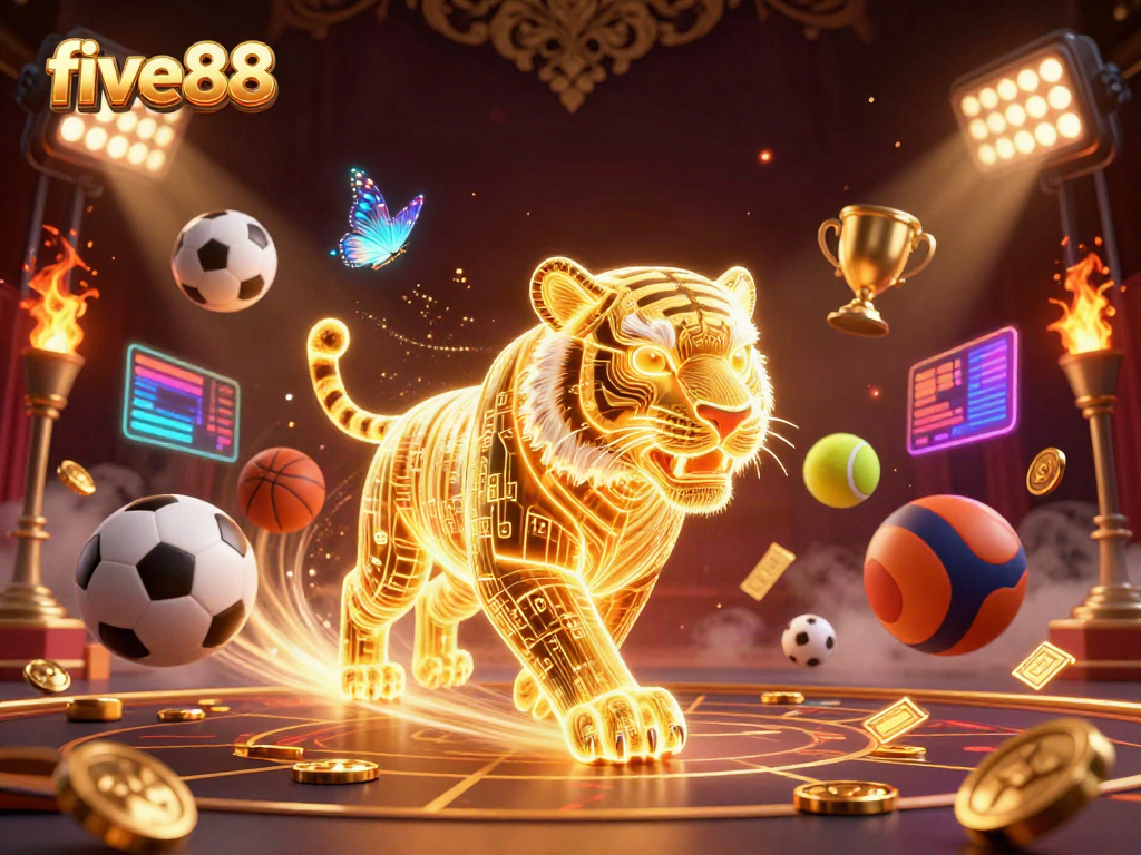 Experience the vibrant energy of five88 with a neon-light casino scene featuring a golden tiger and holographic butterflies.