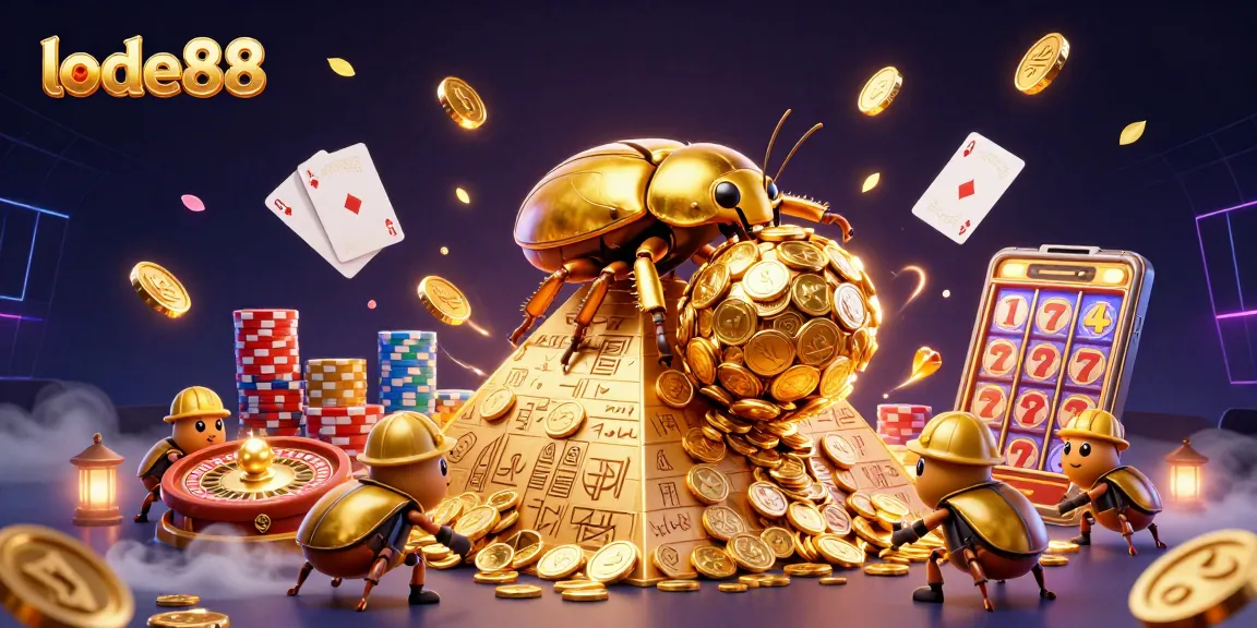Spin the luck with lode88: Enchanting casino scene with golden insects and cascading wealth.