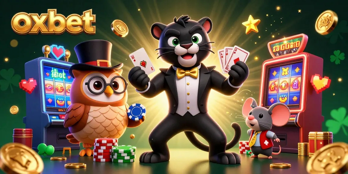 Experience thrilling gaming action with oxbet, featuring a stylish panther dealer amidst dazzling slot machines.
