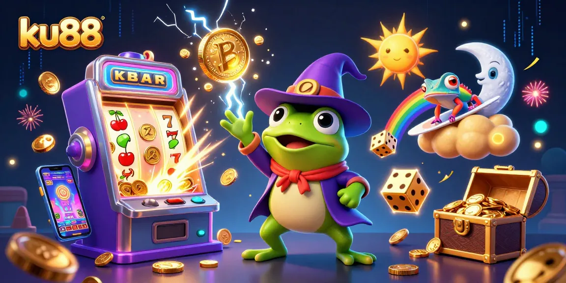 ku88 gaming scene featuring a wizard frog, chameleon, and casino visuals in dynamic action.