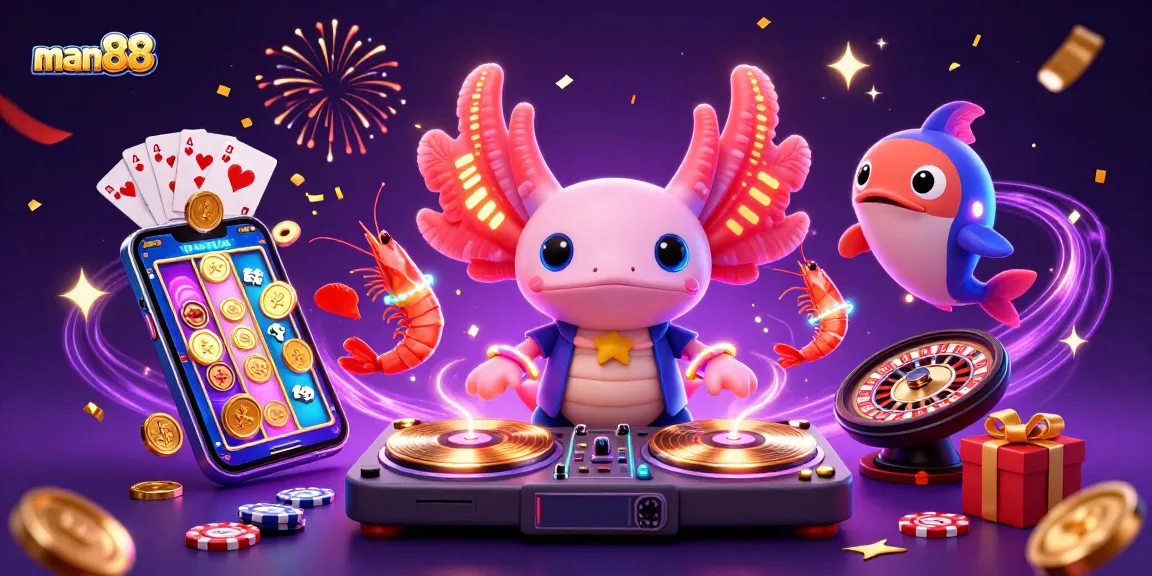 Experience the vibrant man88 casino scene with a neon axolotl DJ and a lively underwater party.