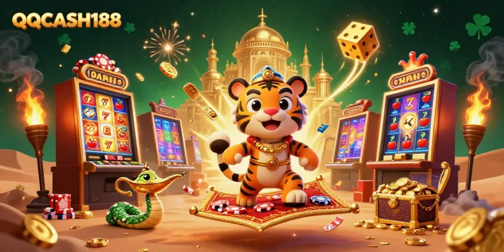 Experience the thrill of QQCASH188 with a vibrant 3D casino scene featuring jackpot animations and lucky symbols.
