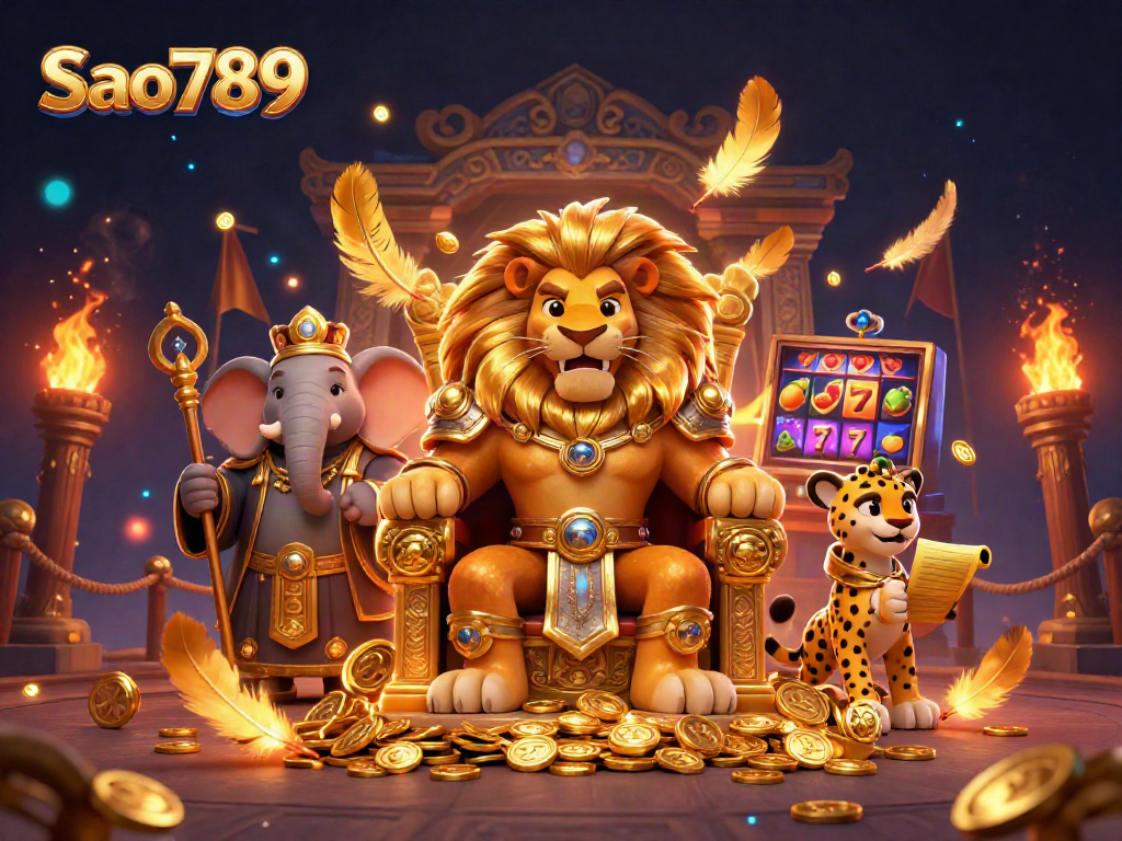 Sao789 offers thrilling gaming action featuring a lion king on a golden coin throne amidst vibrant casino elements.
