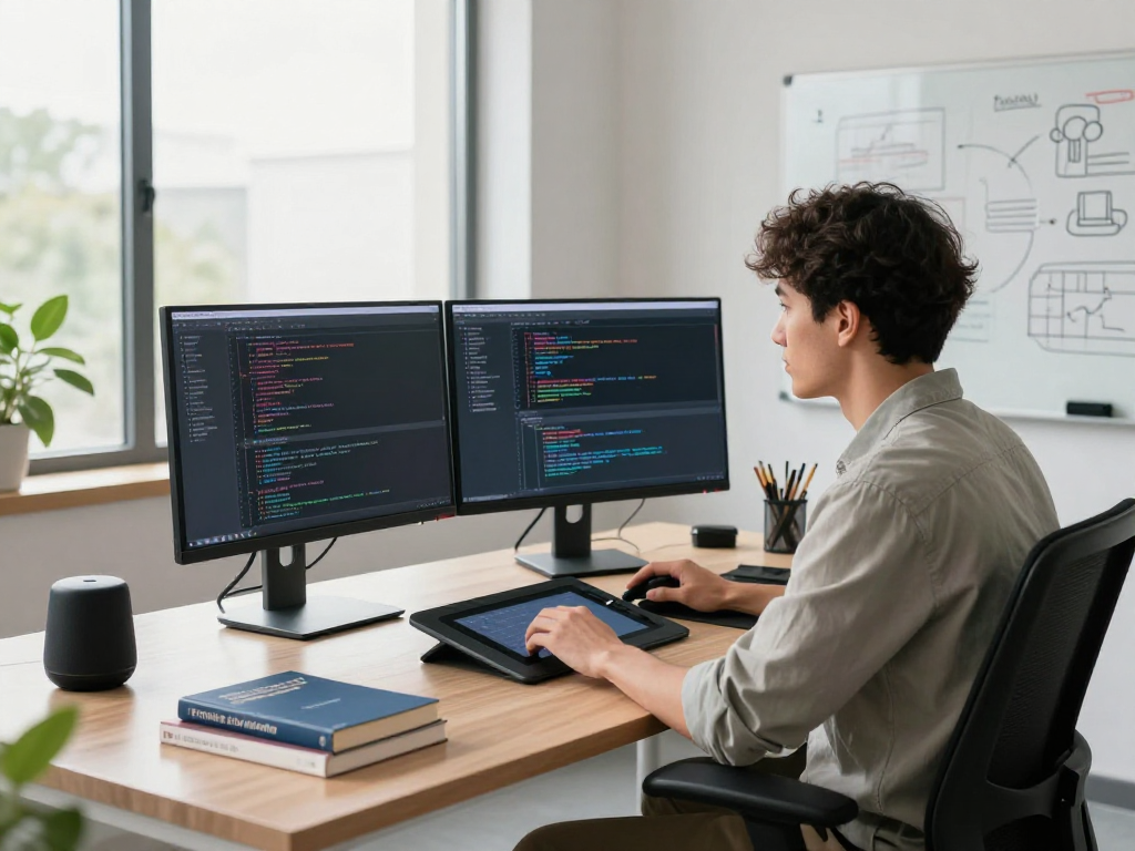 使用WPS Office下载的现代技术工作空间，开发者专注于双显示器上的代码和应用界面，环境现代舒适。