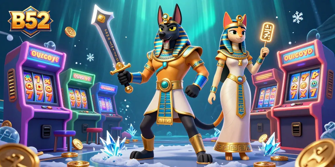 B52 slot gaming adventure featuring Anubis and Bastet amongst vibrant arcade elements.
