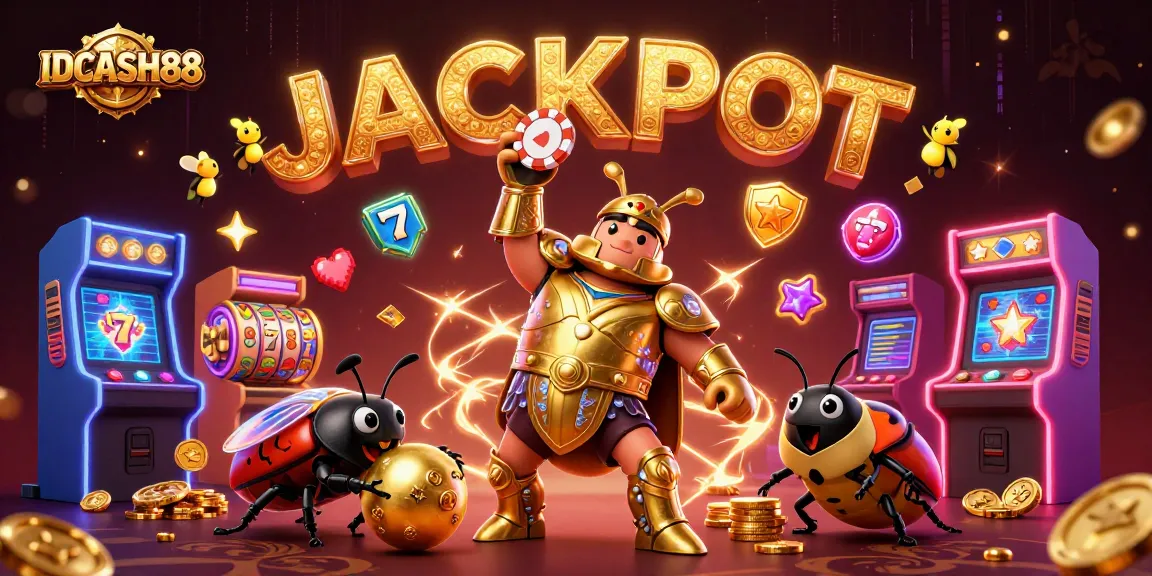 Play slots and win with IDCASH88 featuring a cartoon beetle in a jackpot celebration.