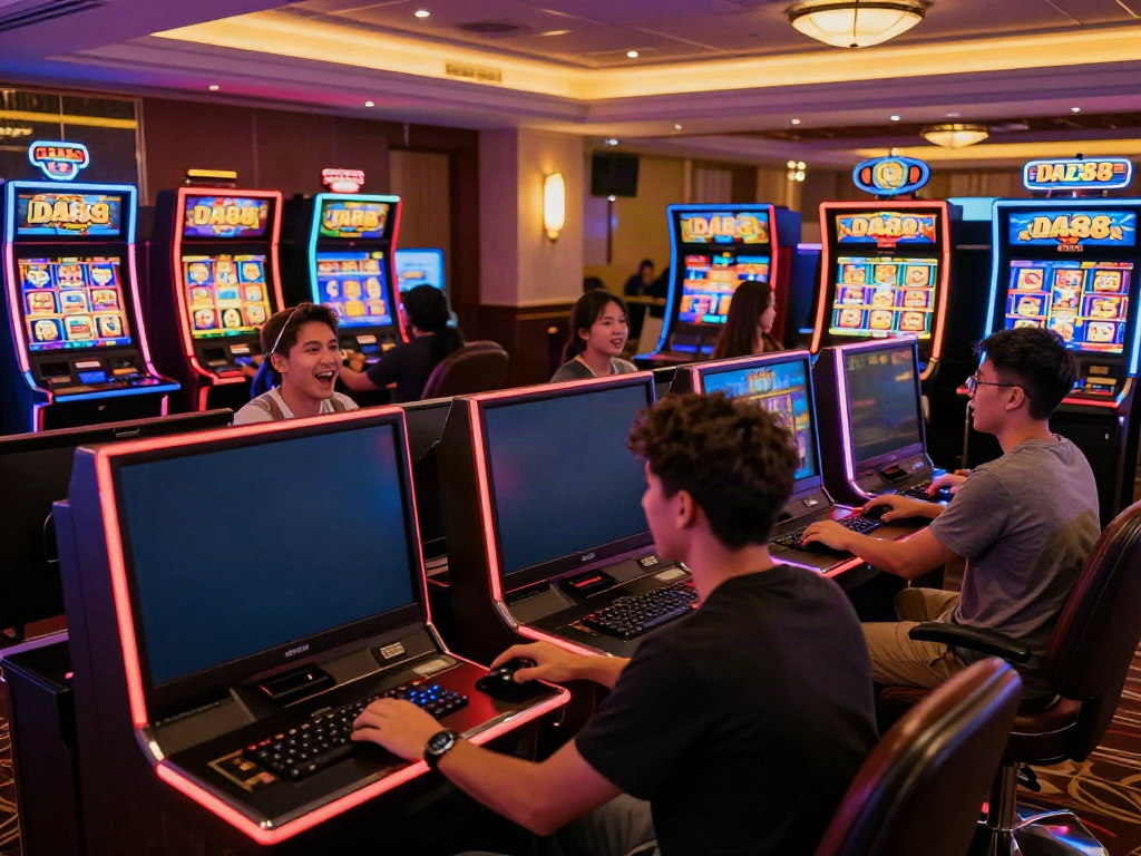 Players enjoying diverse slot games at DA88 in a vibrant online casino atmosphere