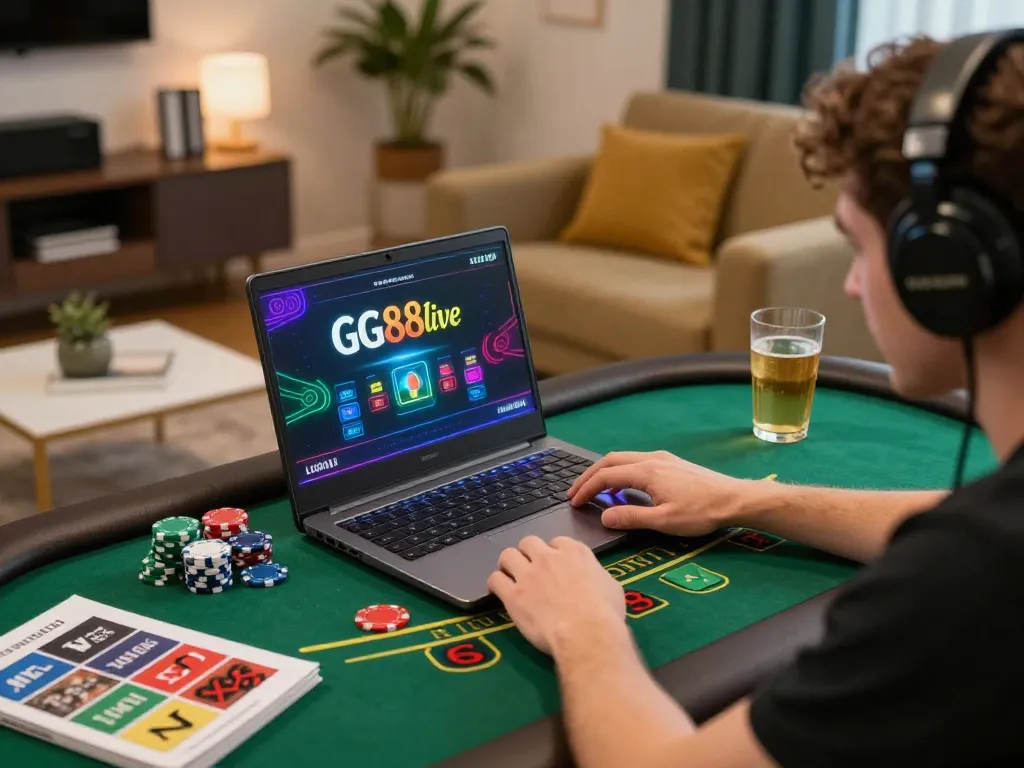 Player engaged in live dealer blackjack online at GG88live with gaming accessories at home