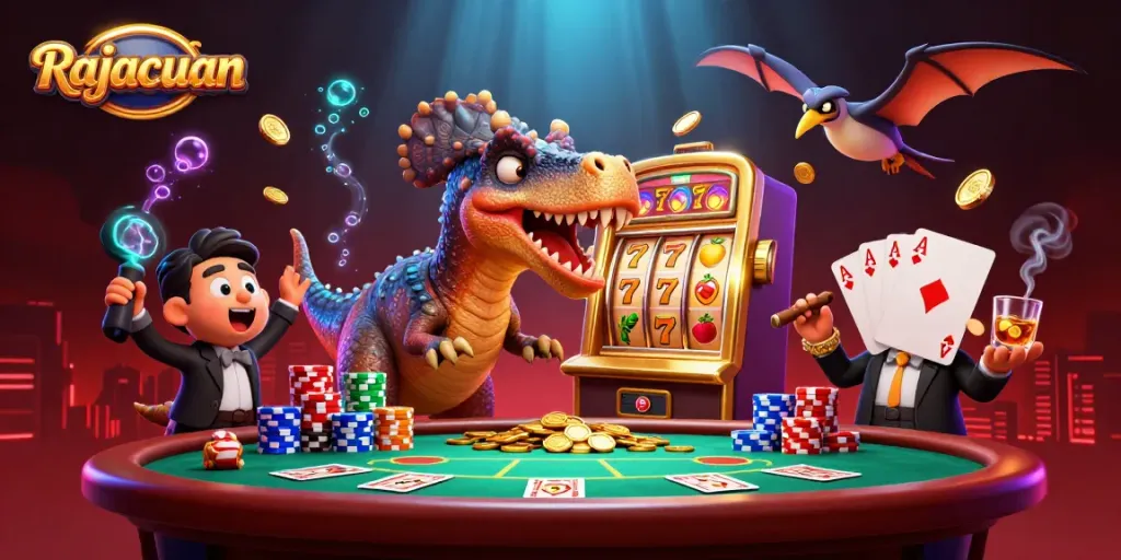 Rajacuan showcases a vibrant 3D scene with playful dinosaurs engaging in casino excitement, highlighting jackpot action.