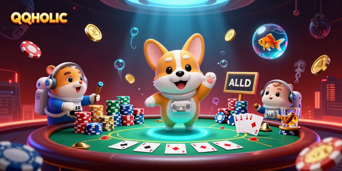 Engage with QQHOLIC in a vibrant virtual casino scene featuring an astronaut corgi and poker elements.