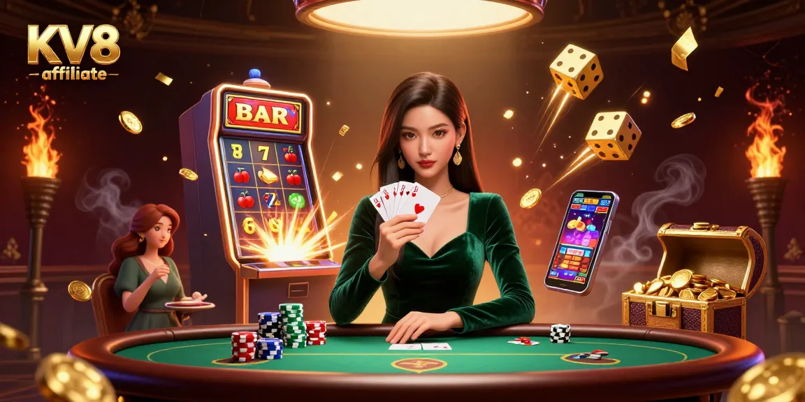 Experience the excitement at KV8 affiliate with vibrant casino elements and a strategic poker scene.