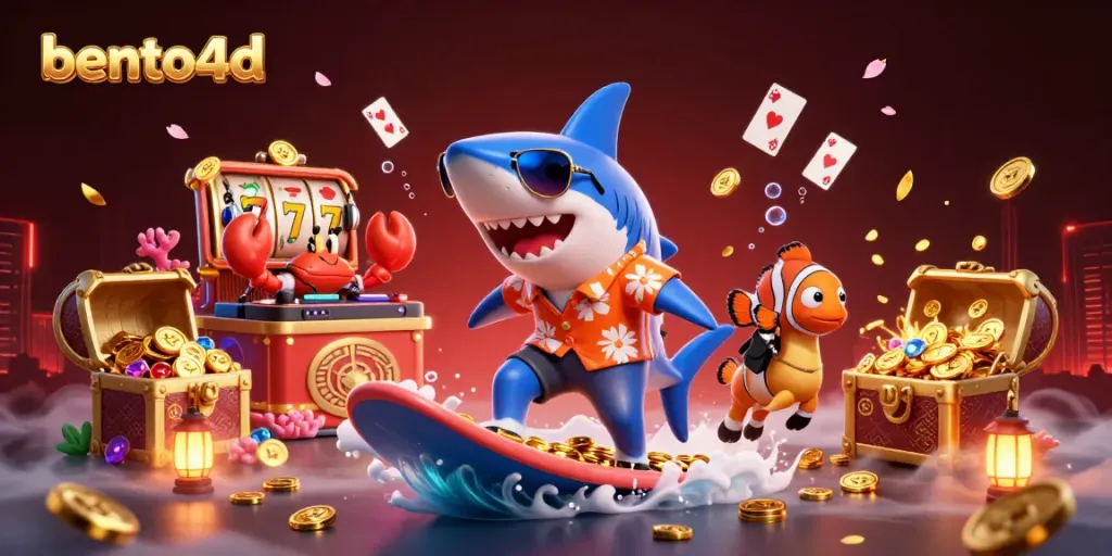 Bento4d offers thrilling casino experiences with vibrant characters, gold coins, and slot symbols.