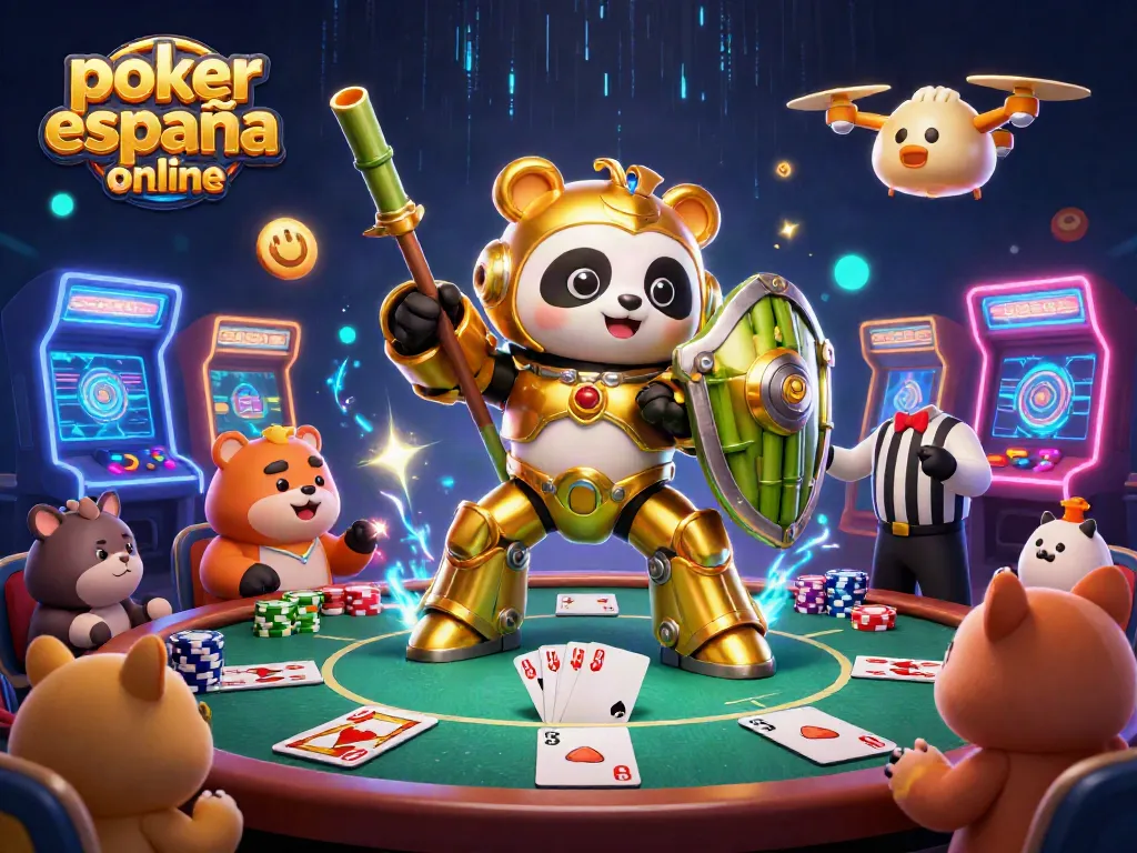Disfruta del poker online en España en una arena vibrante rodeada de emoción y personajes interactivos.