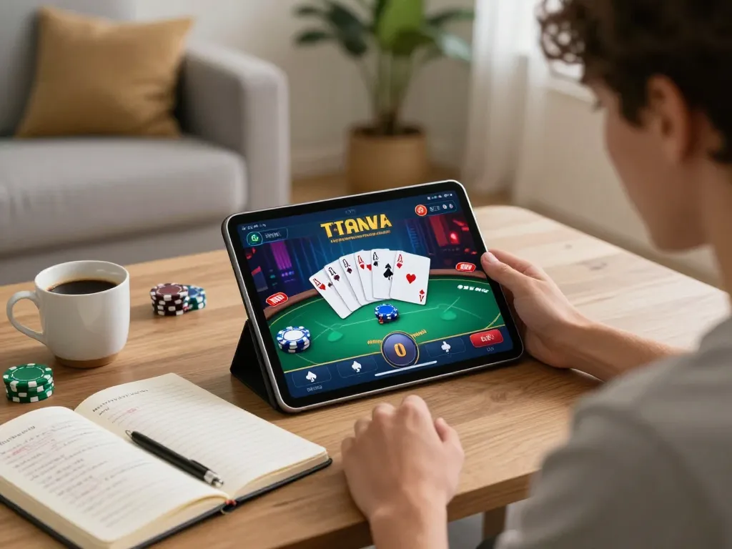 Engaging in a slot bet 100 perak at home on a tablet, highlighting financial strategy and leisure.