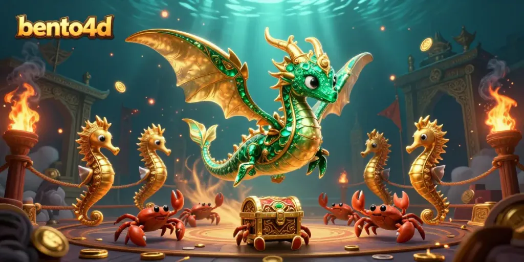 Experience bento4d excitement with an elegant sea dragon, treasure chest, and vibrant casino elements