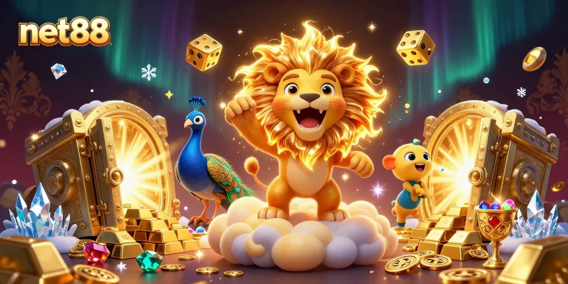 Experience the thrilling world of net88 with a roaring sun lion, golden dice, and dazzling gems.
