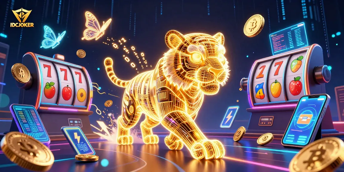 Engage with IDCJOKER through an immersive digital casino scene featuring a neon tiger and crypto elements.