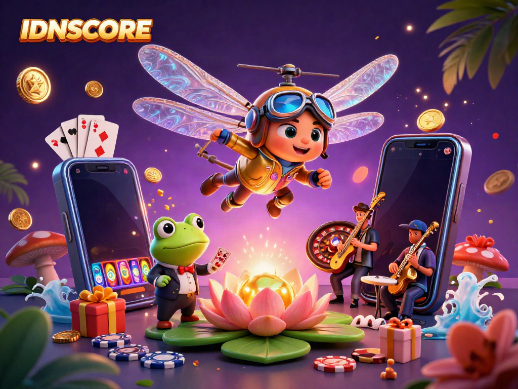 Experience dynamic gaming with IDNSCORE's cartoon-themed illustration showcasing a vibrant casino atmosphere.