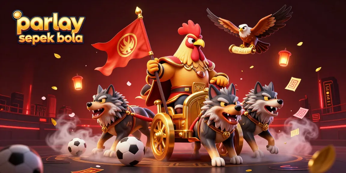 Engaging 3D illustration showcasing parlay sepak bola action with a rooster warlord and dynamic betting elements.