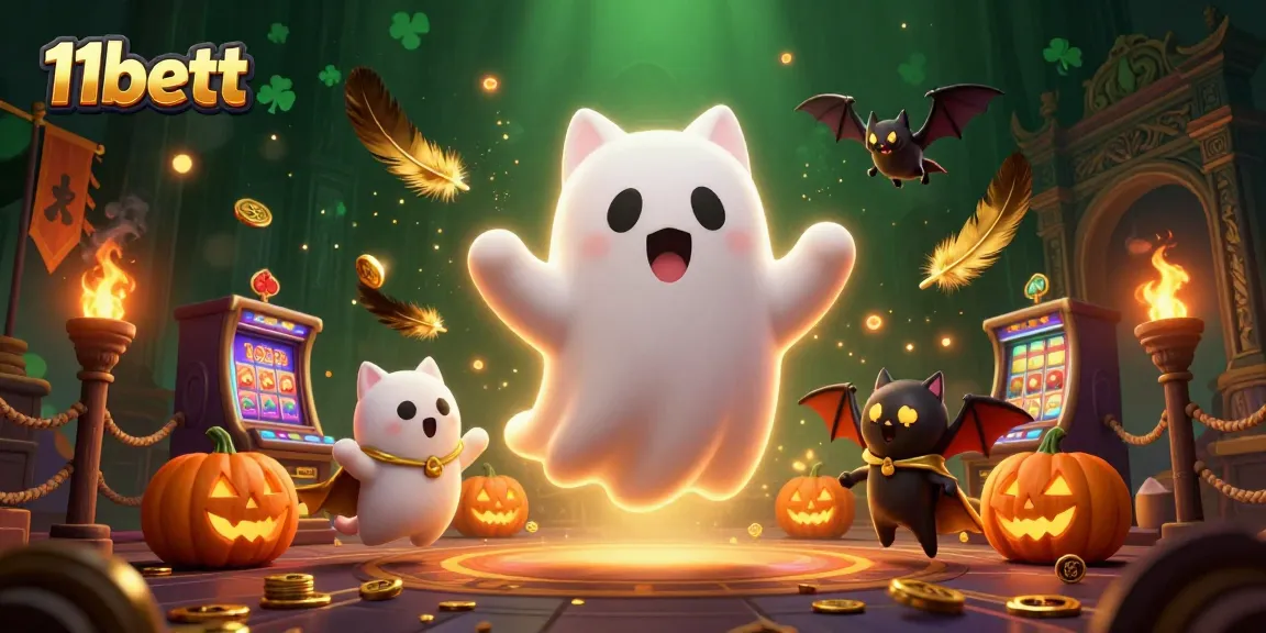 Engage in thrilling gameplay at 11bett, showcasing a vibrant ghost cat and poker-themed Halloween casino atmosphere.