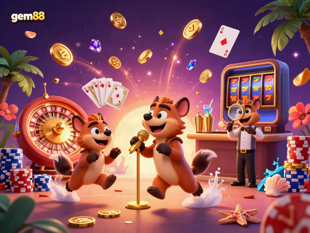 Hyenas entertaining at a vibrant casino showcasing gem88 with dynamic game elements.