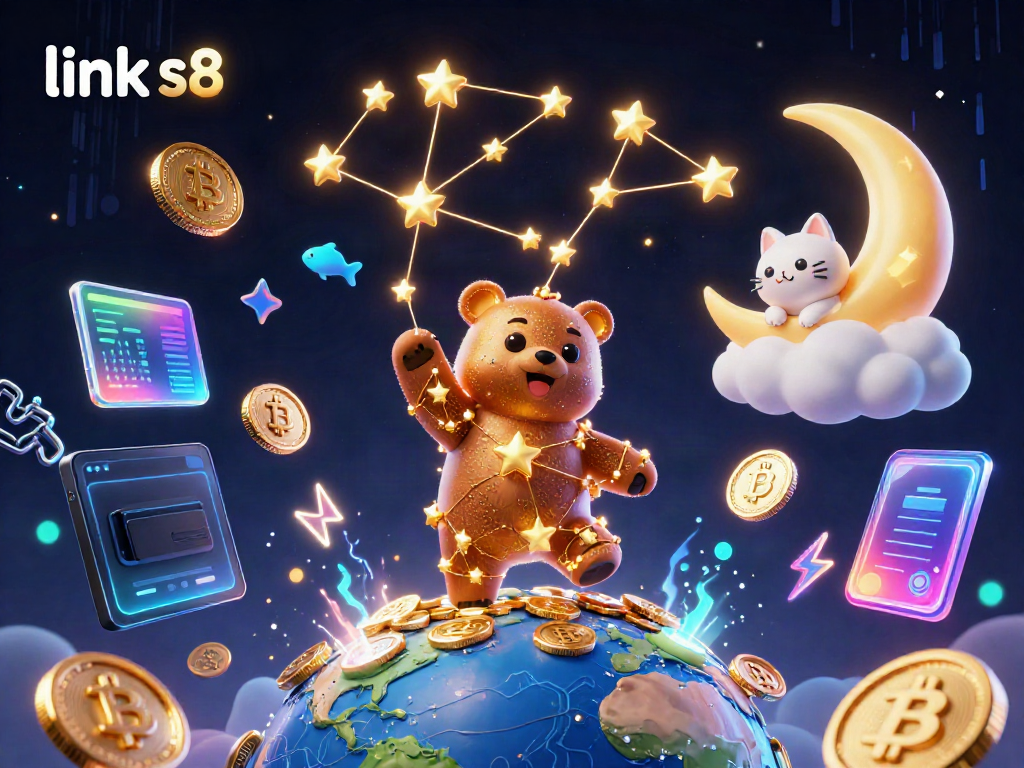Engage in gaming with link s8, immersing in a vibrant scene of a constellation bear gathering coins.