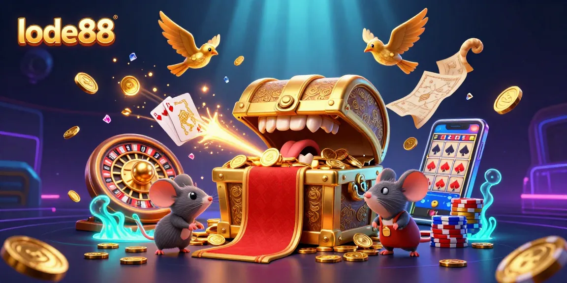 Engage with lode88's vibrant 3D casino scene enriched with gold coins and winning game elements.