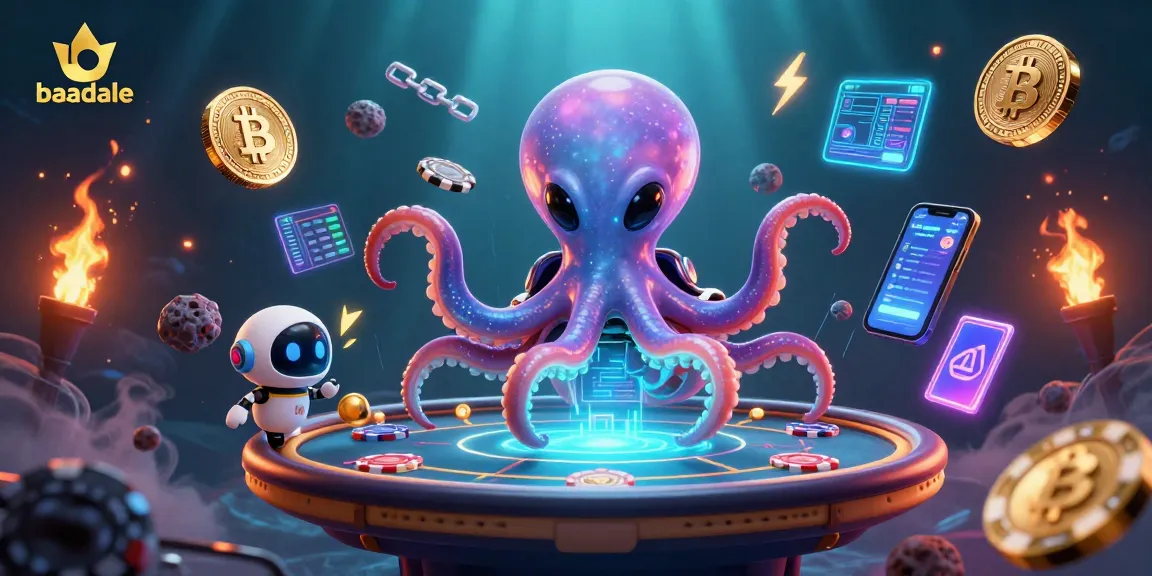 Engage with the vibrant baadale poker scene as an alien octopus spins the table amidst crypto coins and casino action.