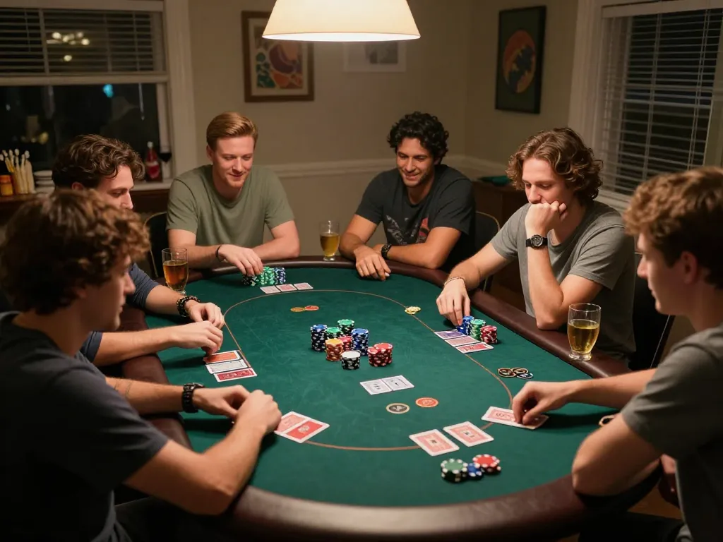 Engaging home poker night with friends playing around a table showcasing 68gamebaivn in action.